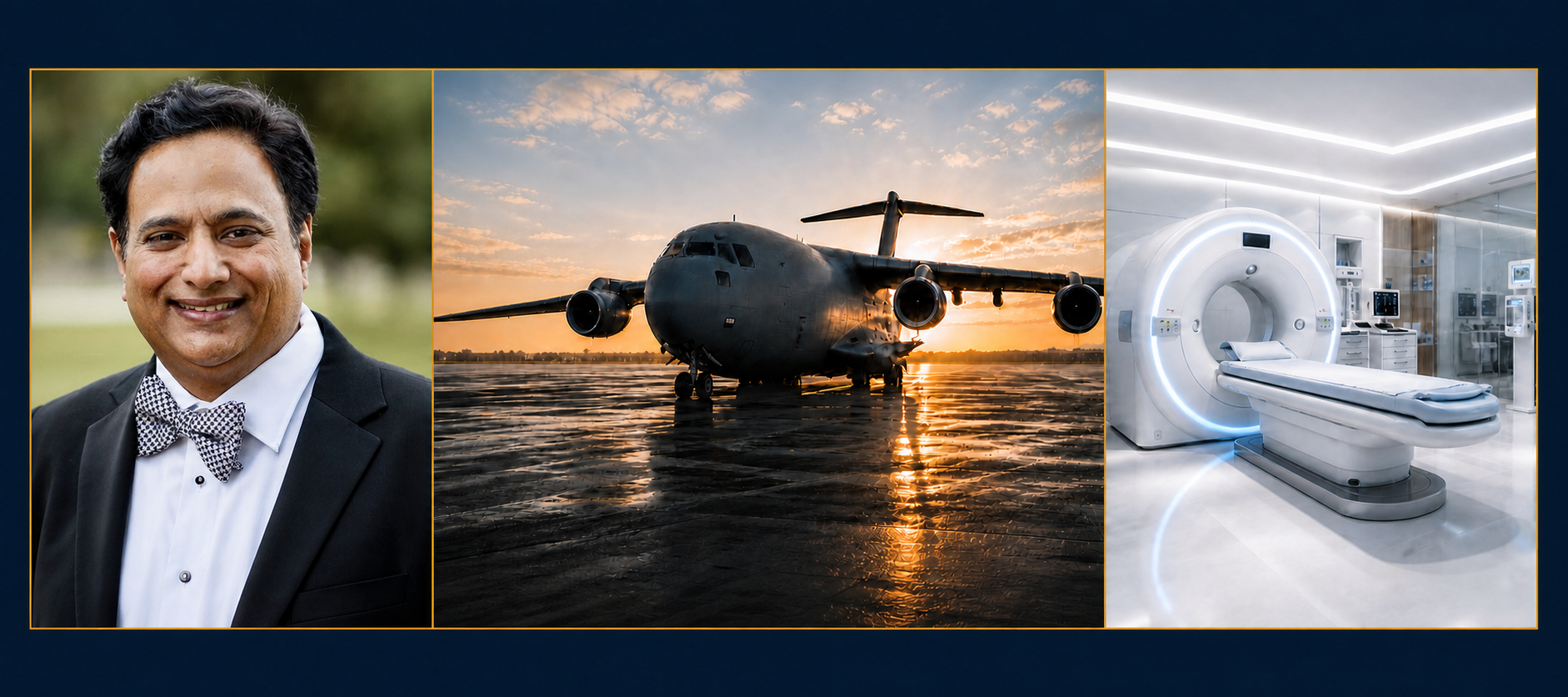Vernon D'Mello with defense aviation and healthcare imagery